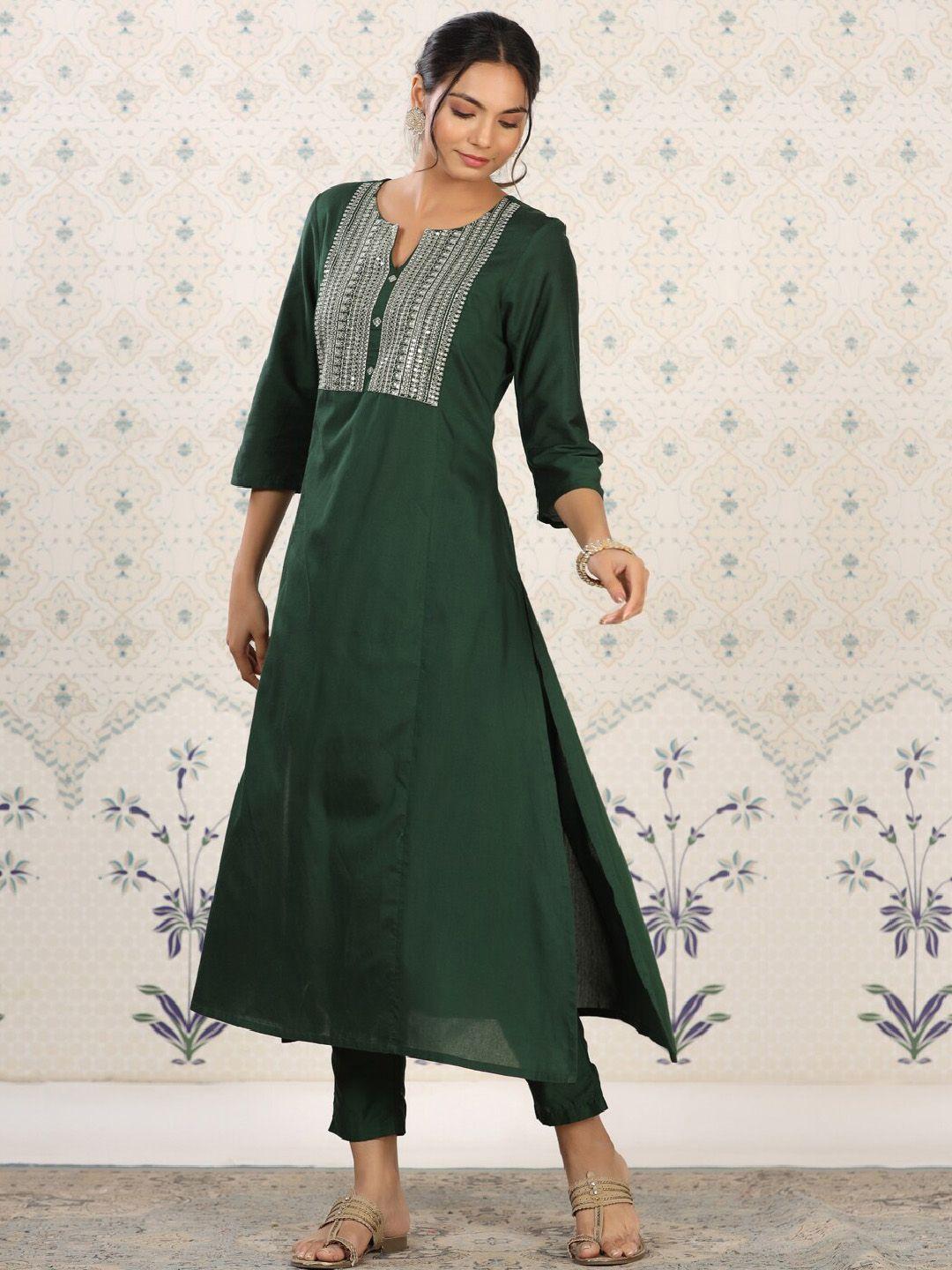 ode by house of pataudi women green embroidered kurta with trousers &