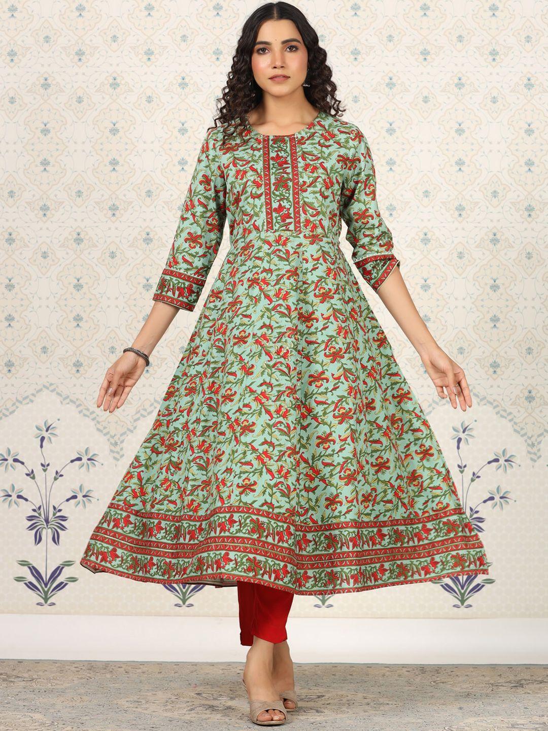 ode by house of pataudi women green floral printed thread work anarkali kurta