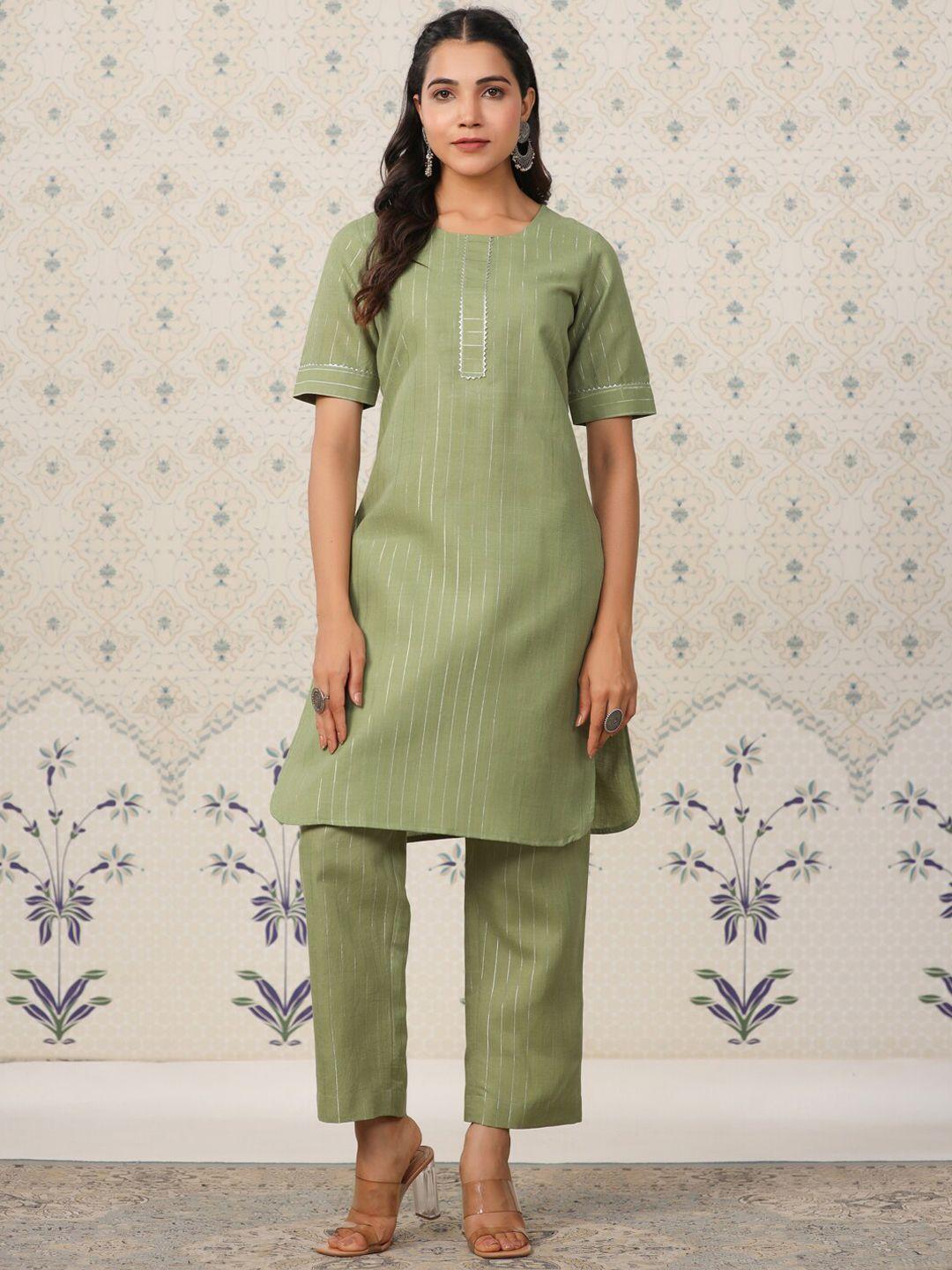 ode by house of pataudi women green striped regular gotta patti kurta with trousers