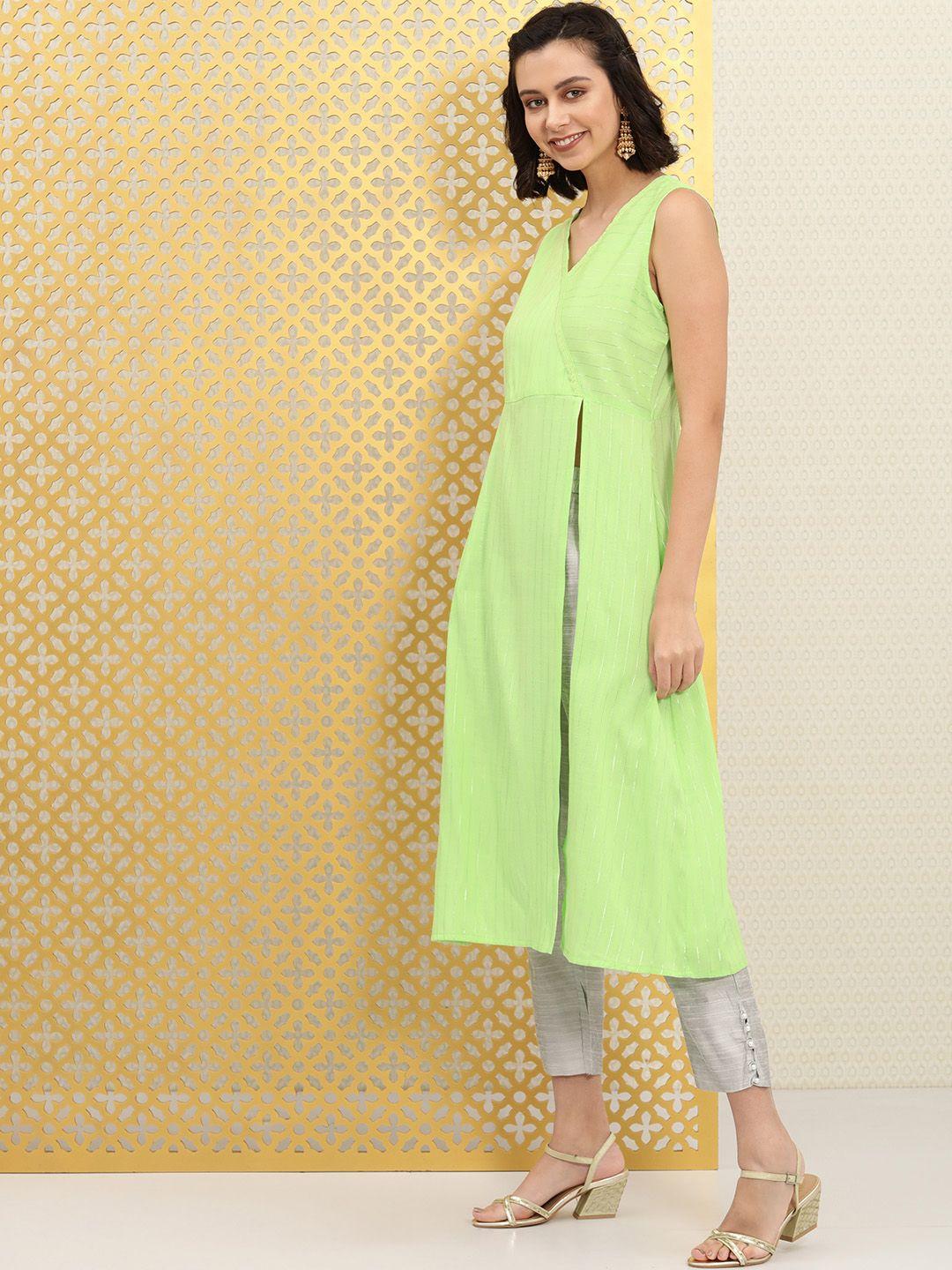 ode by house of pataudi women lime green striped sleeveless rozana kurta with high slit