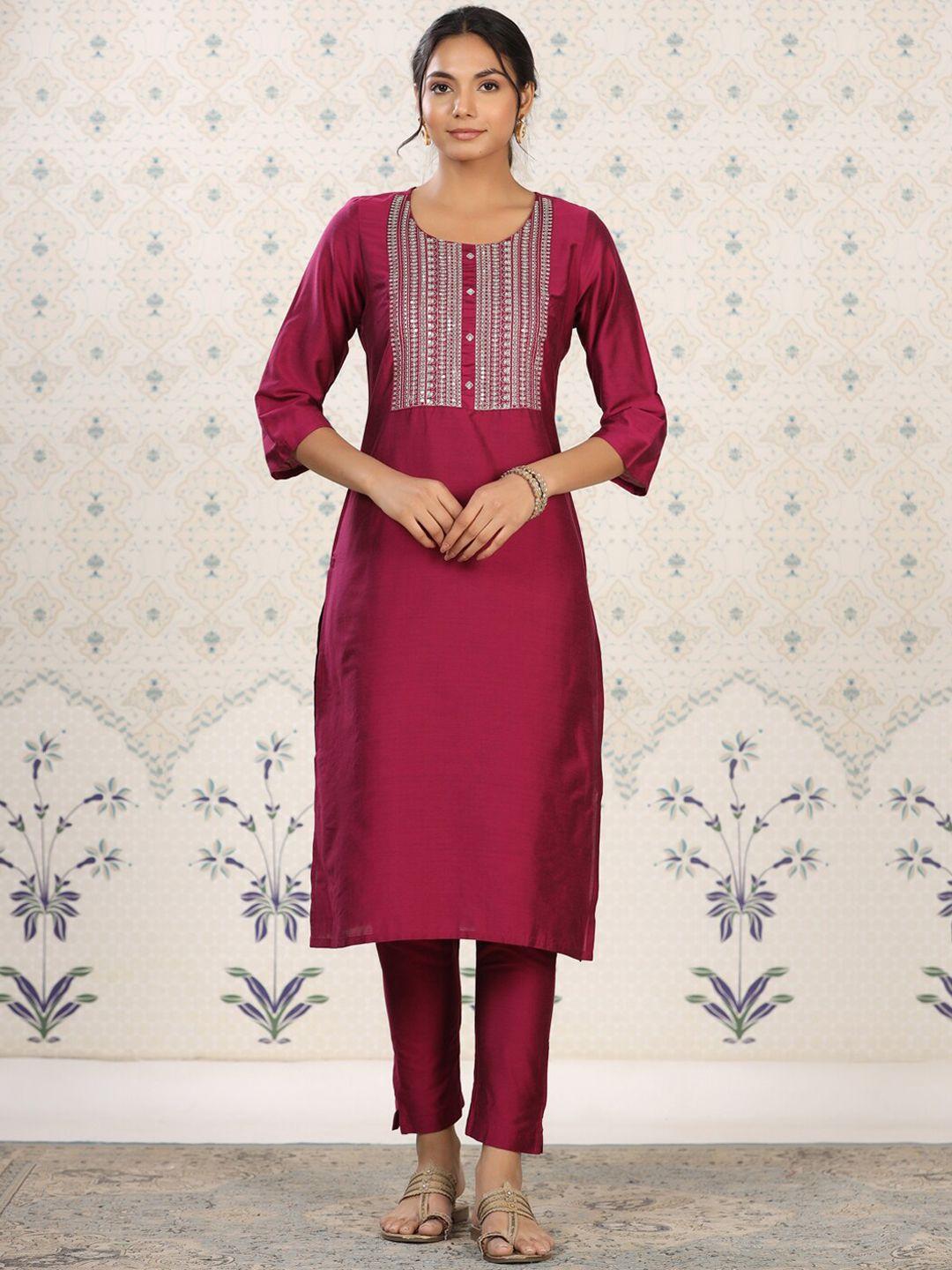 ode by house of pataudi women magenta embroidered kurta with trousers &