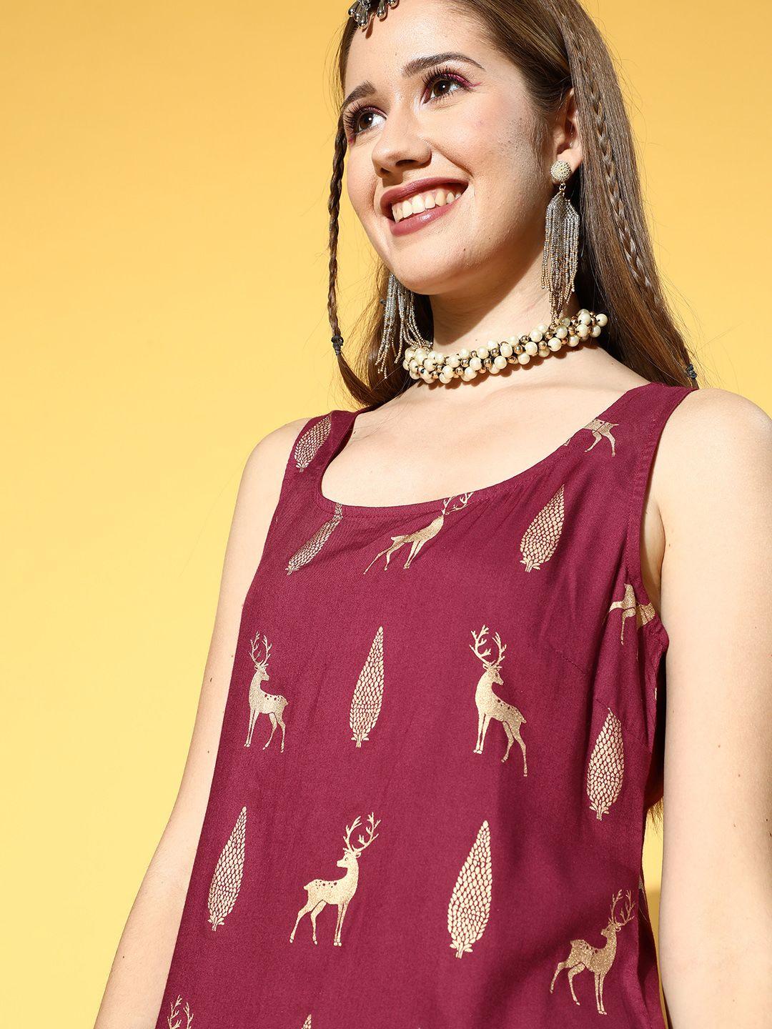 ode by house of pataudi women maroon & gold-coloured ethnic motifs printed rozana kurta