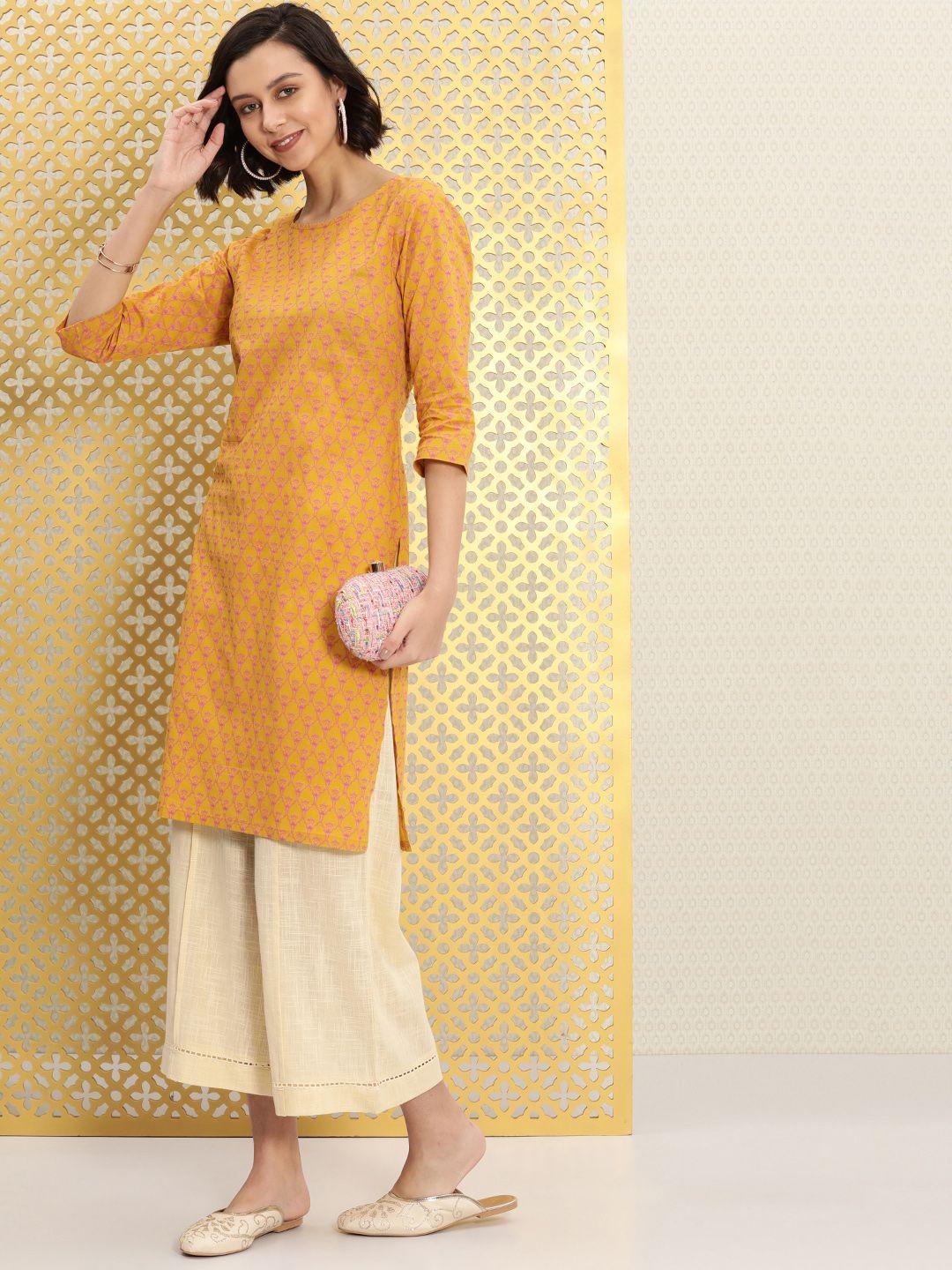 ode by house of pataudi women mustard yellow & pink printed rozana kurta