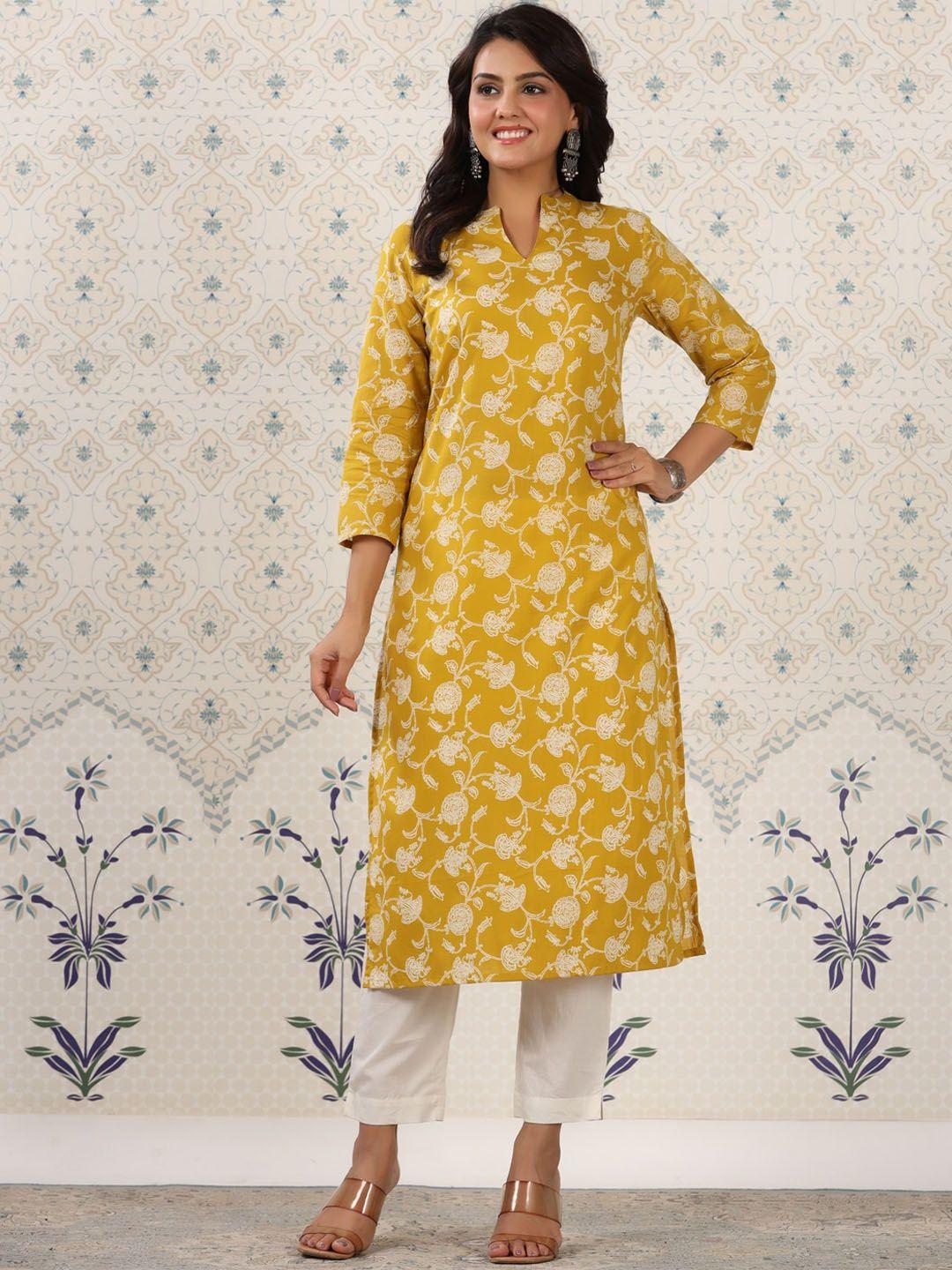 ode by house of pataudi women mustard yellow floral printed keyhole neck sequinned kurta