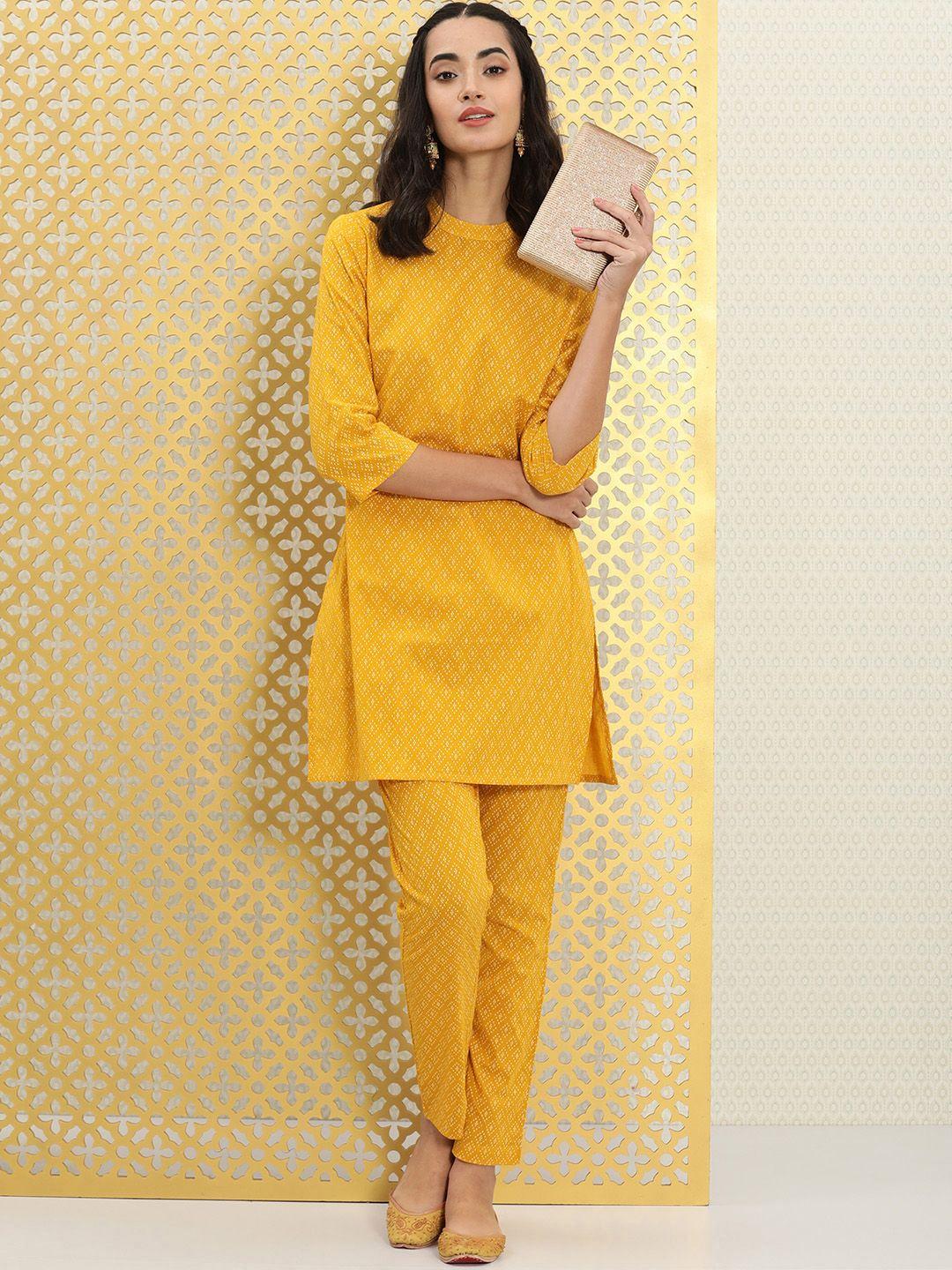 ode by house of pataudi women mustard yellow printed rozana kurta with trousers