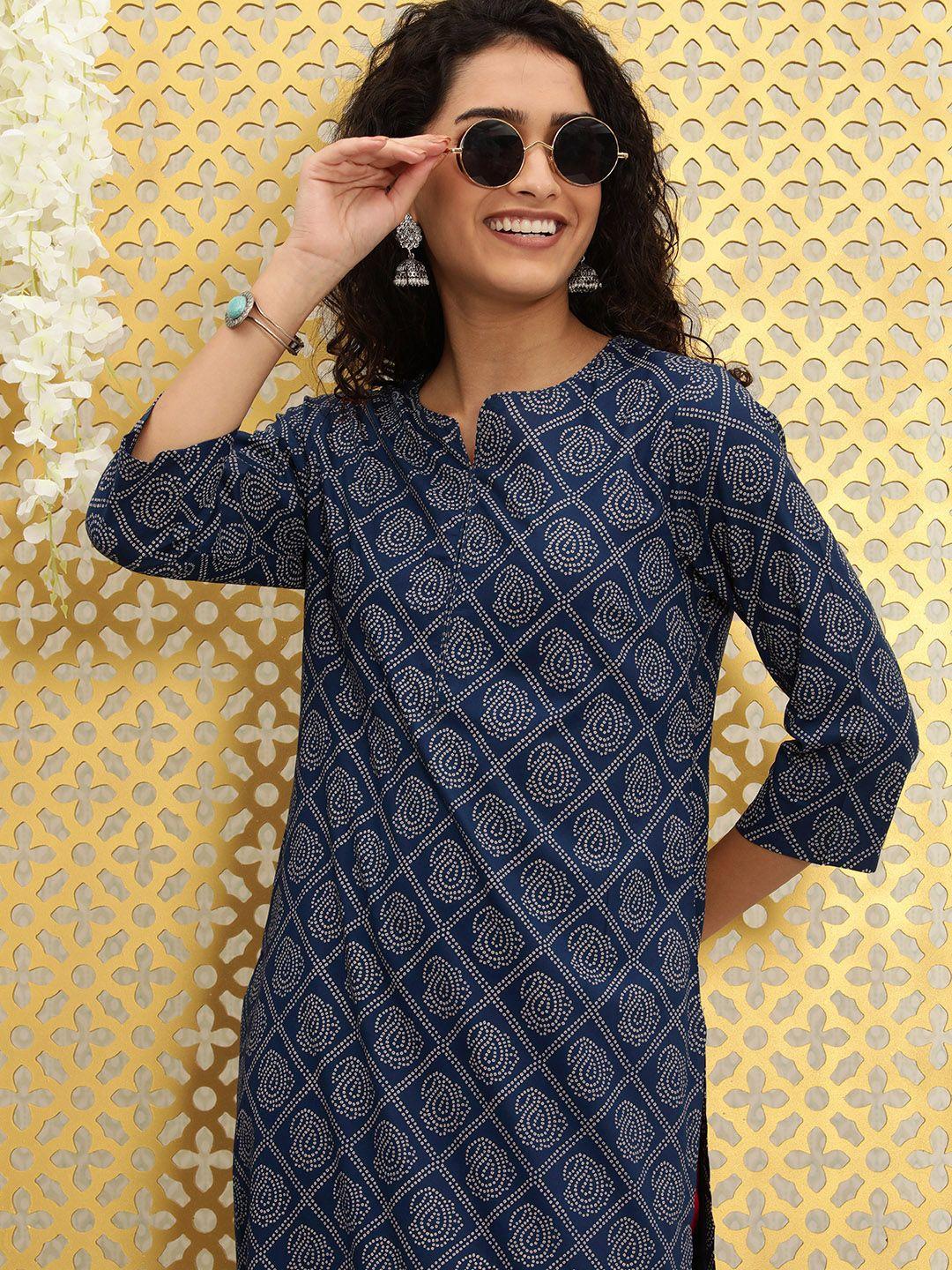 ode by house of pataudi women navy blue bandhani printed kurta with maroon trousers