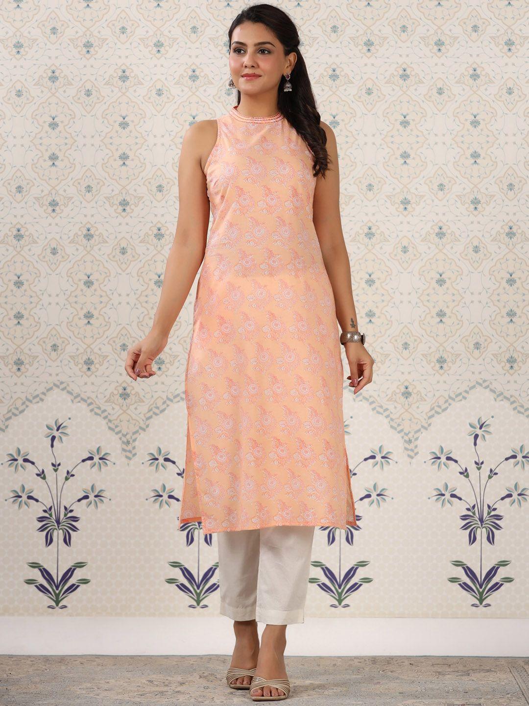 ode by house of pataudi women peach-coloured ethnic motifs embroidered chikankari kurta