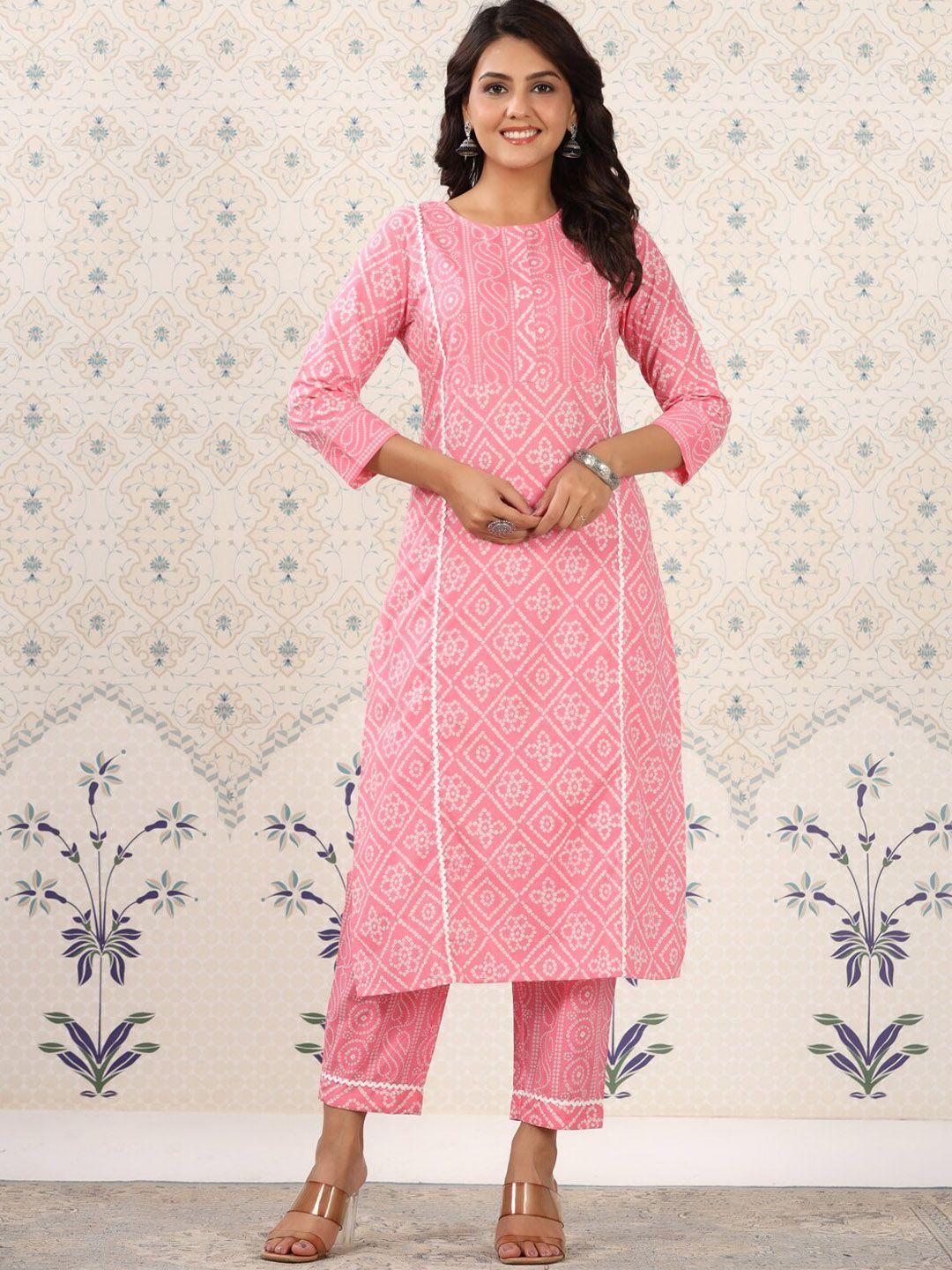 ode by house of pataudi women pink ethnic motifs printed regular pure cotton kurta with trousers