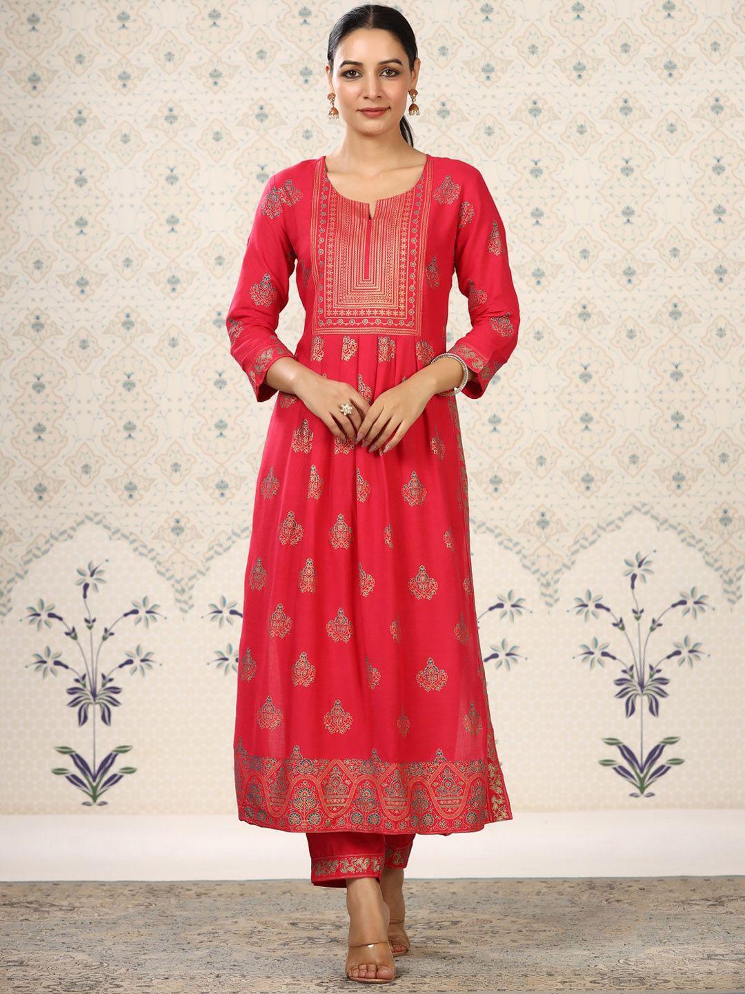 ode by house of pataudi women pink floral printed pleated kurta with trousers &