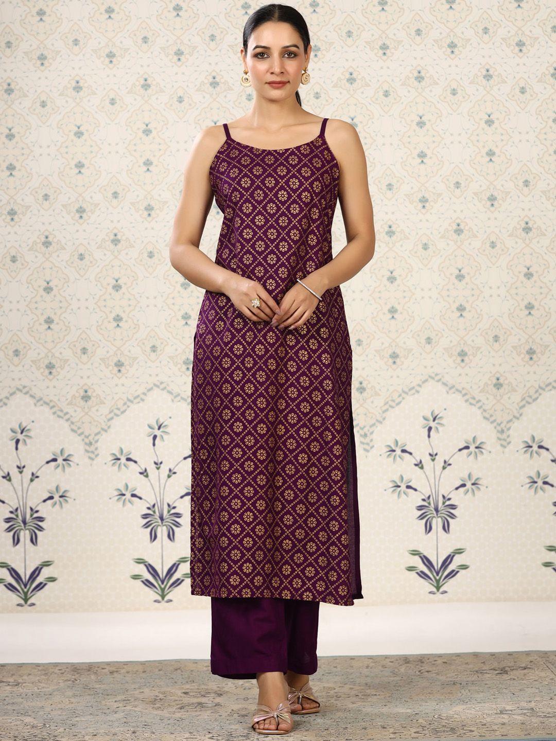 ode by house of pataudi women purple floral printed regular kurta with trousers &