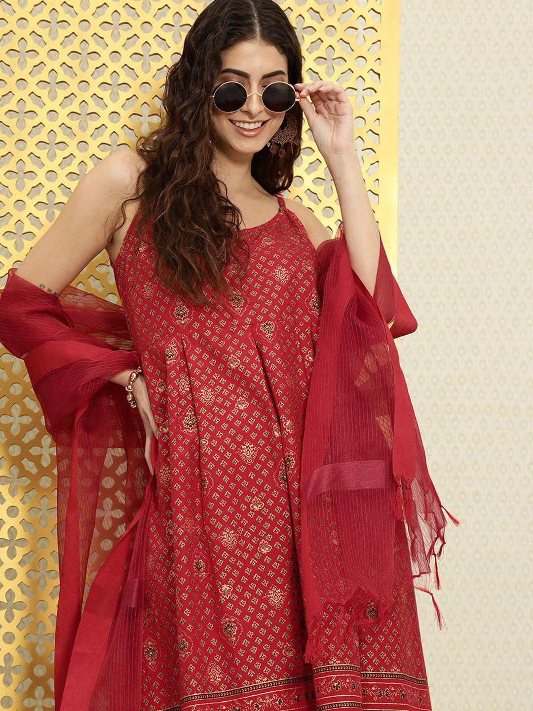 ode by house of pataudi women red & gold printed strappy flared jashn kurta with dupatta