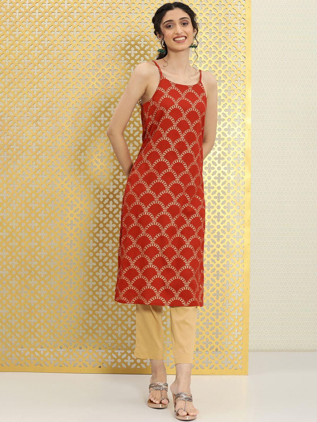 ode by house of pataudi women red & gold-toned ethnic motifs printed jashn kurta