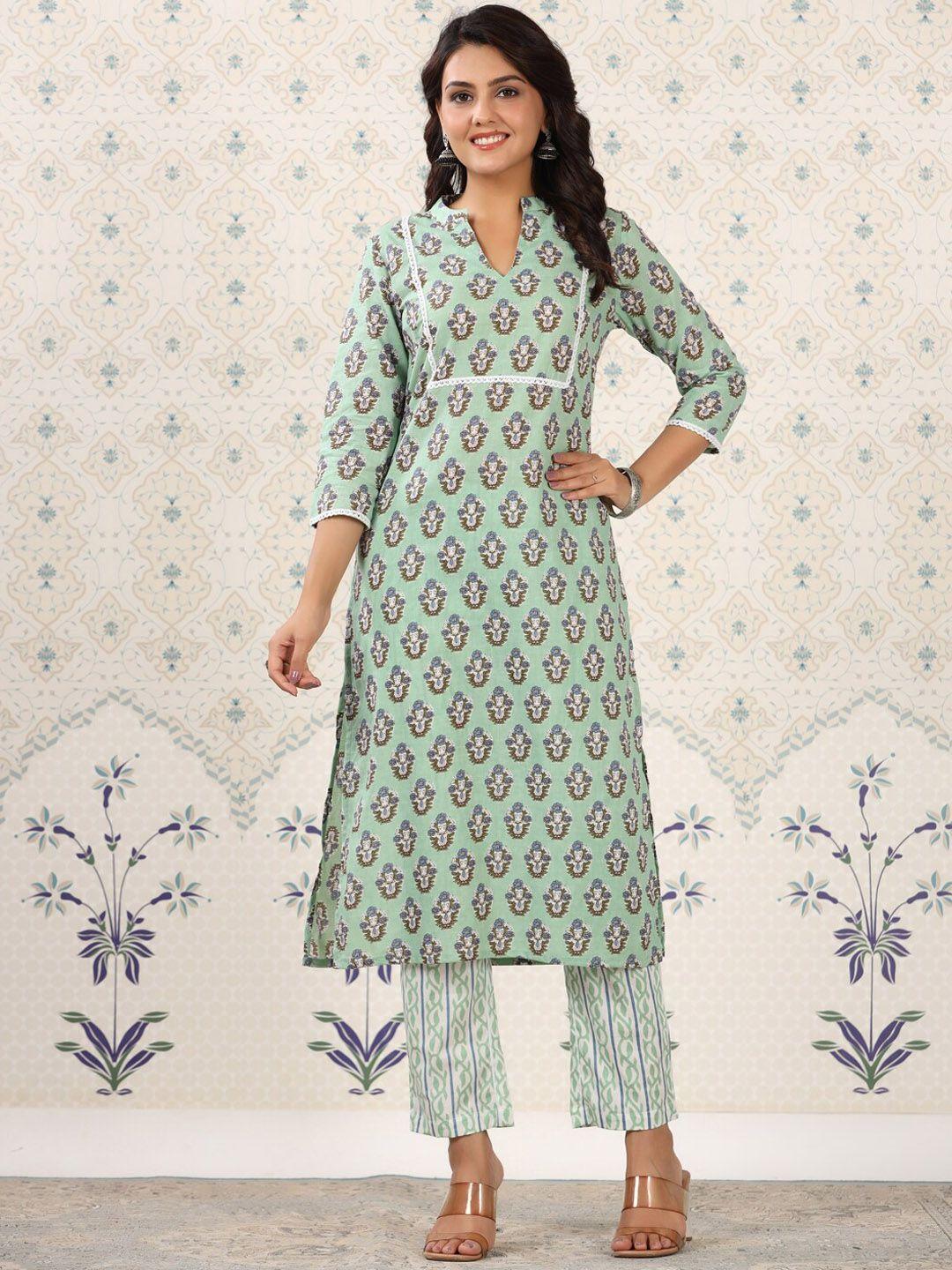 ode by house of pataudi women sea green ethnic motifs printed regular pure cotton kurta with trousers