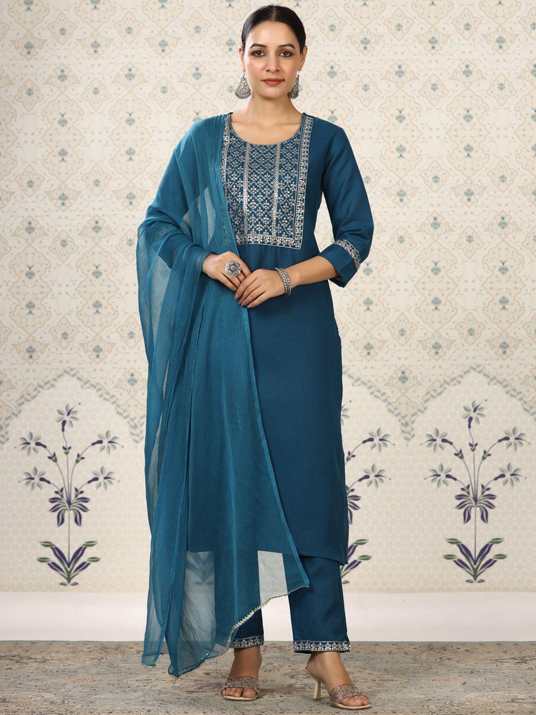 ode by house of pataudi women teal embroidered regular kurta with trousers & with dupatta