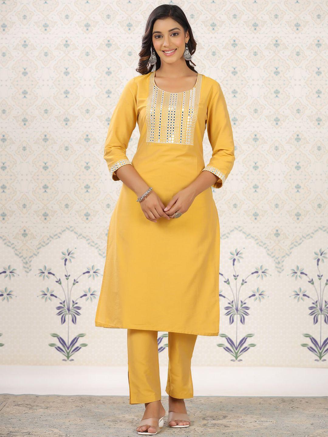 ode by house of pataudi women yellow embroidered regular thread work kurta with trousers