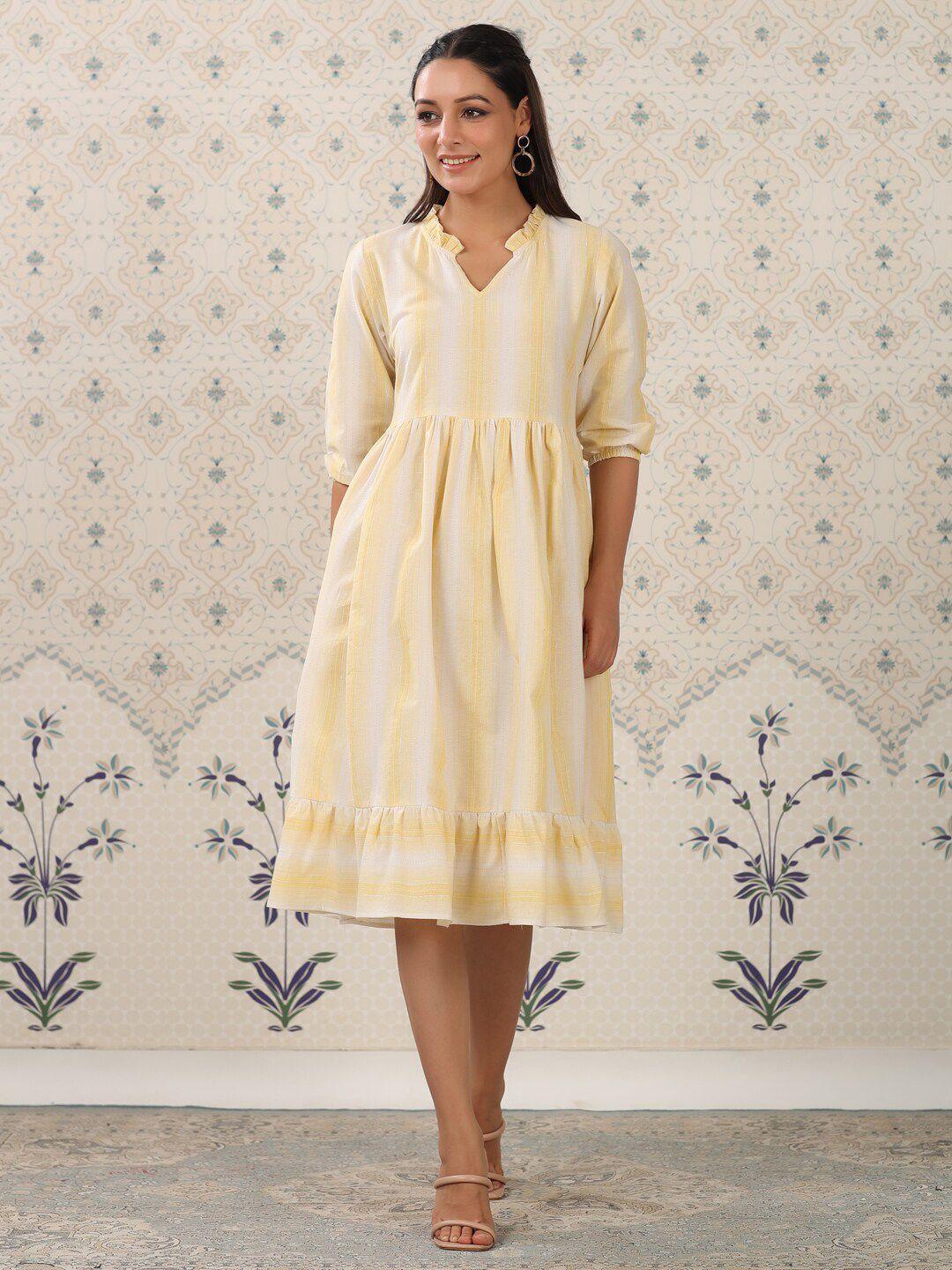 ode by house of pataudi yellow & white striped cotton a-line dress