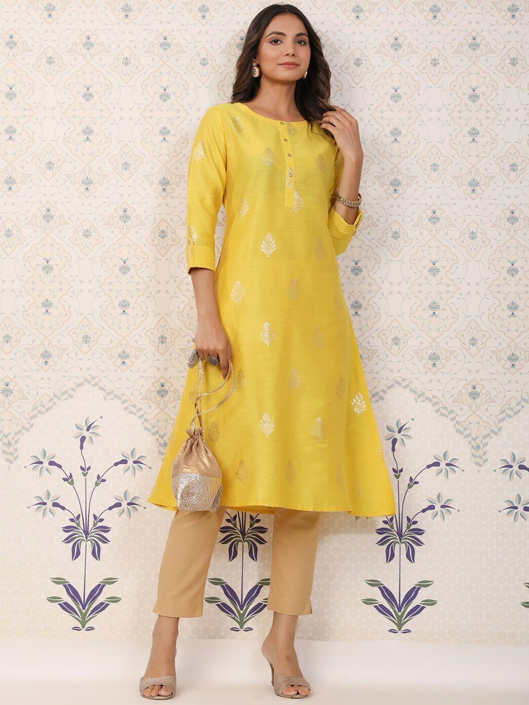 ode by house of pataudi yellow floral printed round neck roll-up sleeve a-line kurta