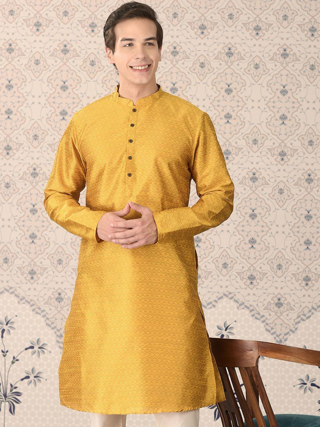 ode by house of pataudi yellow mandarin collar woven design kurta