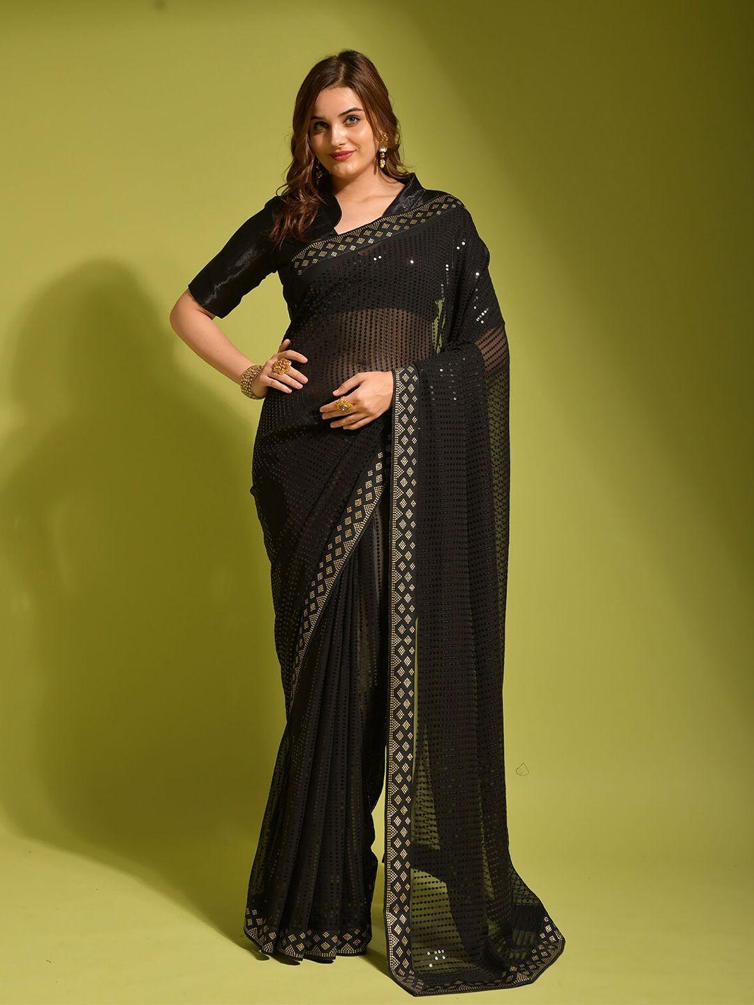 odette black & gold-toned embellished sequinned saree