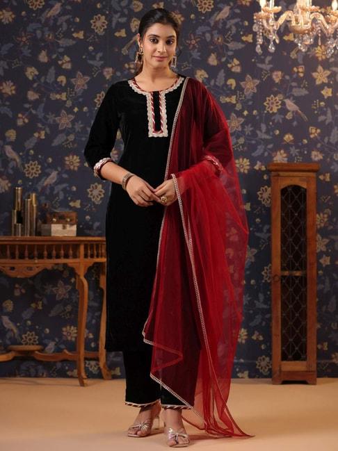 odette black embroidered kurta pant set with dupatta