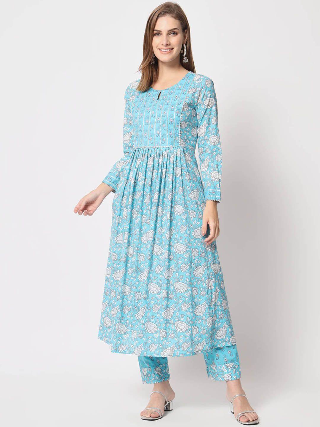 odette floral printed keyhole neck a-line regular kurta with trousers