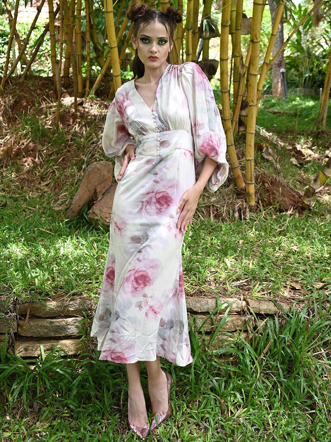 odette floral printed v-neck puffed sleeves satin midi sheath dress