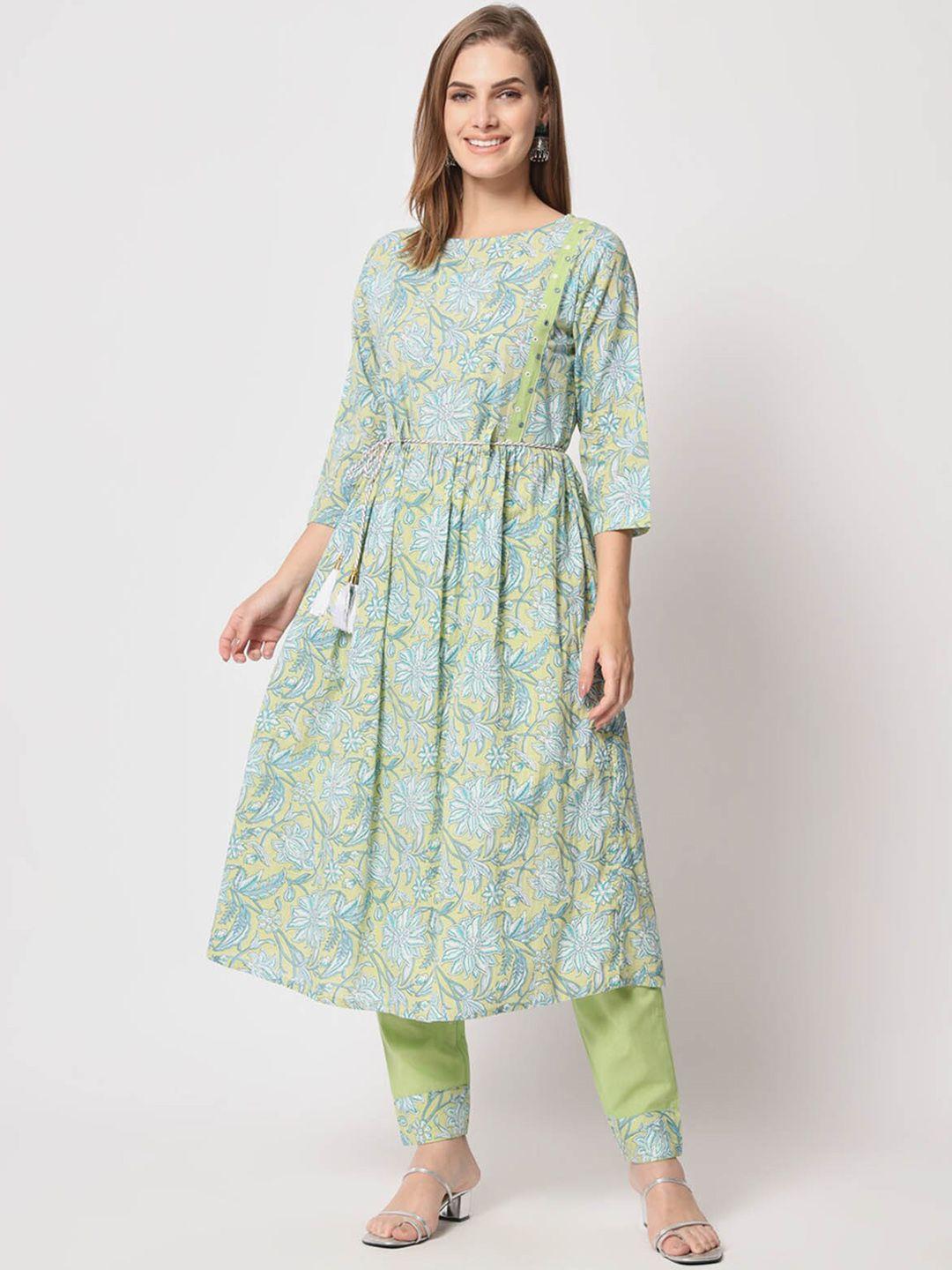 odette floral printed waist tie-ups a-line kurta with trousers