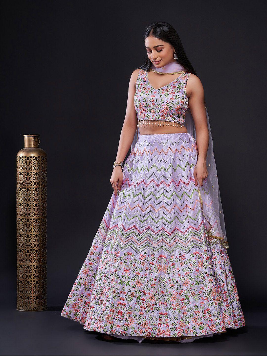odette lavender & pink embroidered mirror work semi-stitched lehenga & unstitched blouse with dupatta