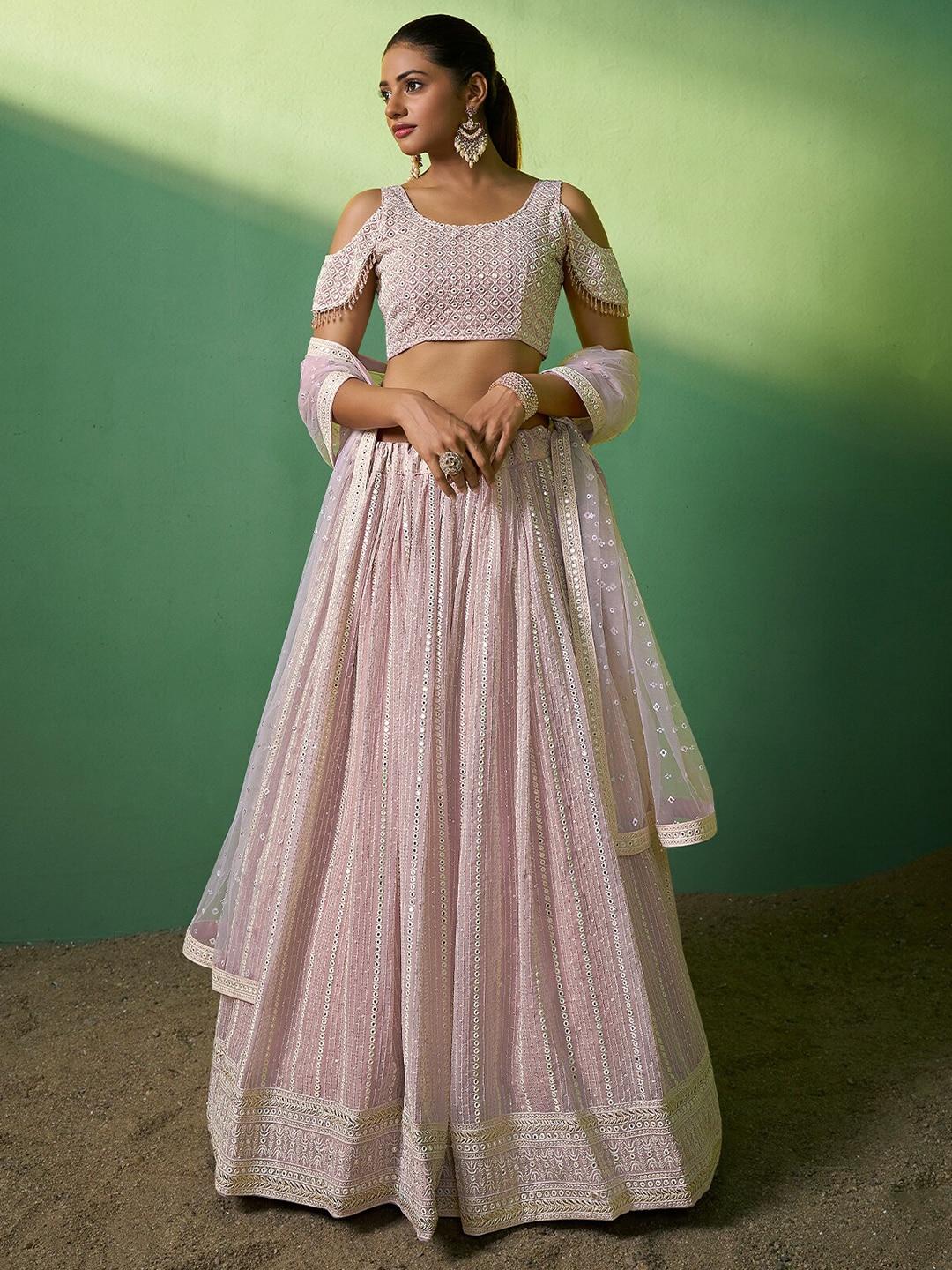 odette mirror work embroidered semi-stitched lehenga & unstitched blouse with dupatta