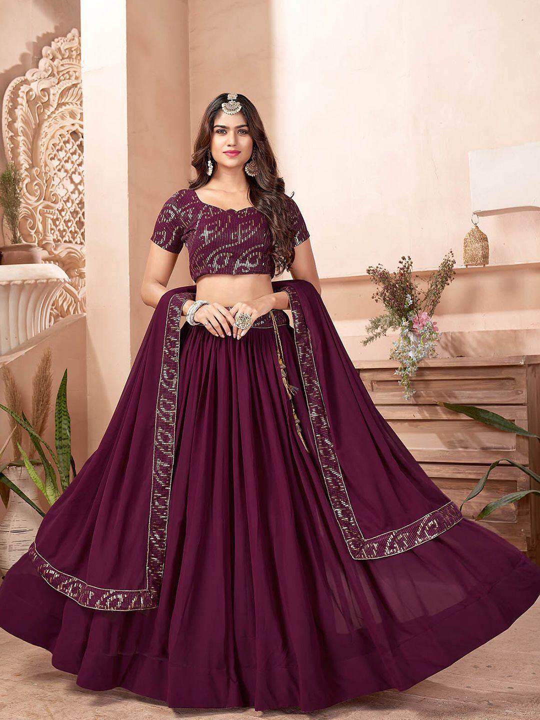 odette purple & gold-toned embellished sequinned semi-stitched lehenga & unstitched blouse with dupatta