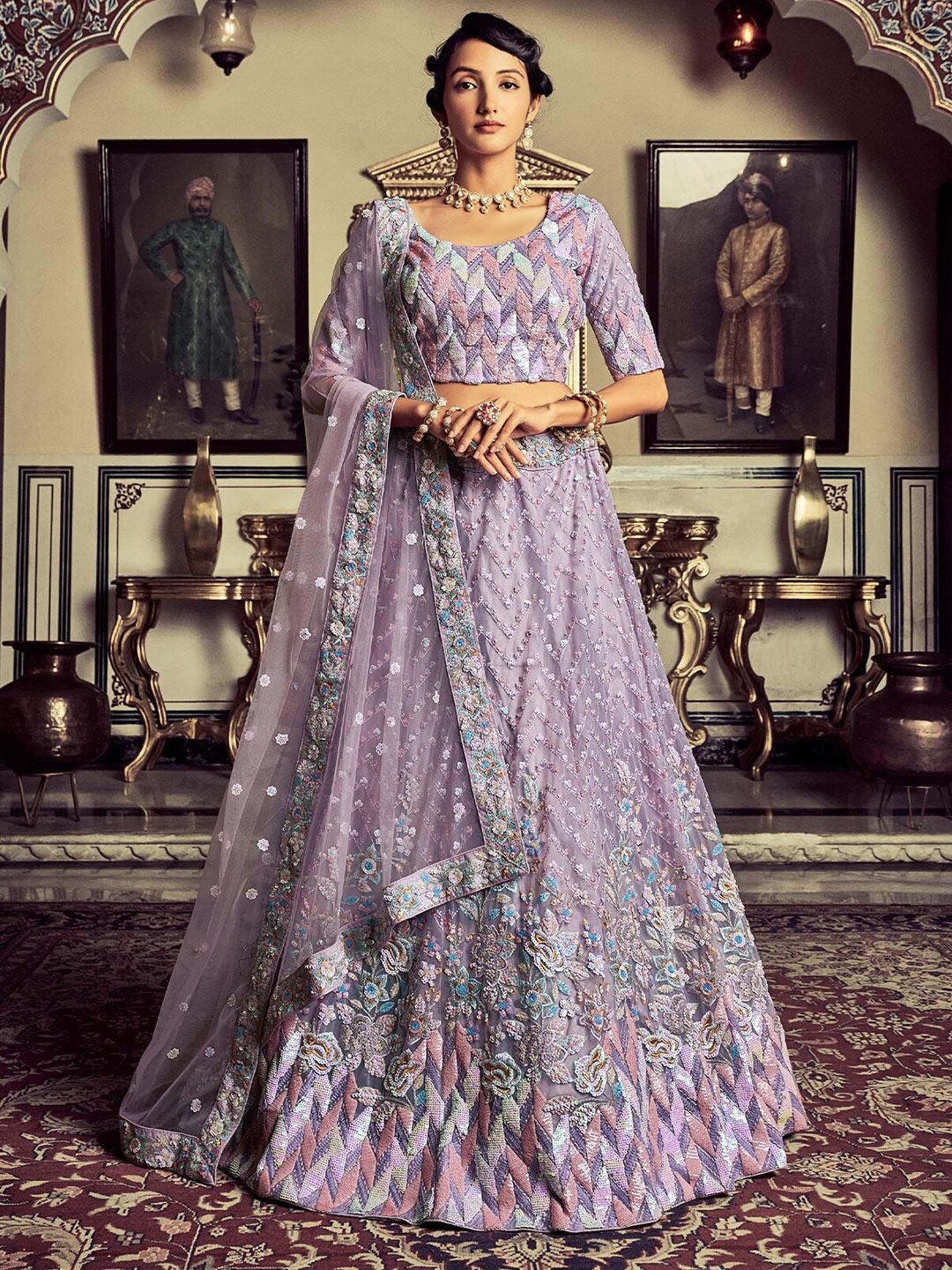 odette purple & teal embellished sequinned semi-stitched lehenga & unstitched blouse with dupatta