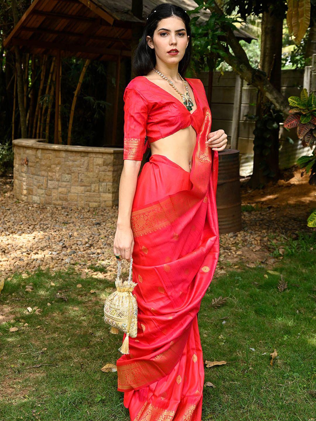 odette red & gold-toned woven design zari silk blend handloom saree