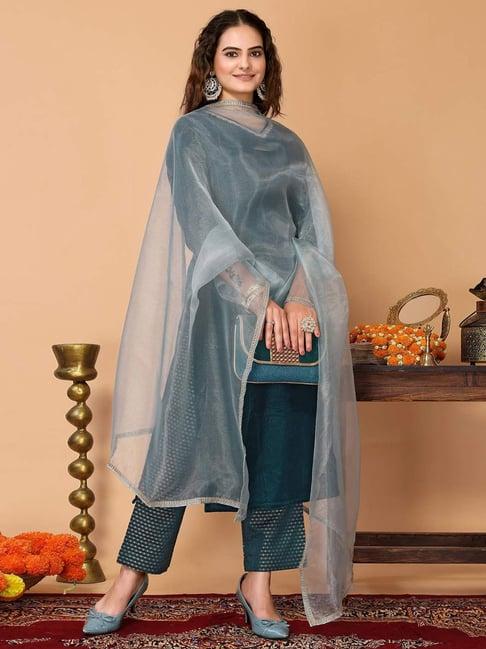 odette teal blue embroidered kurta pant set with dupatta
