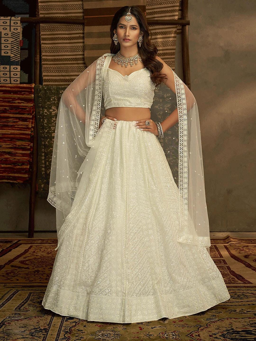 odette white embellished thread work semi-stitched lehenga & unstitched blouse with dupatta