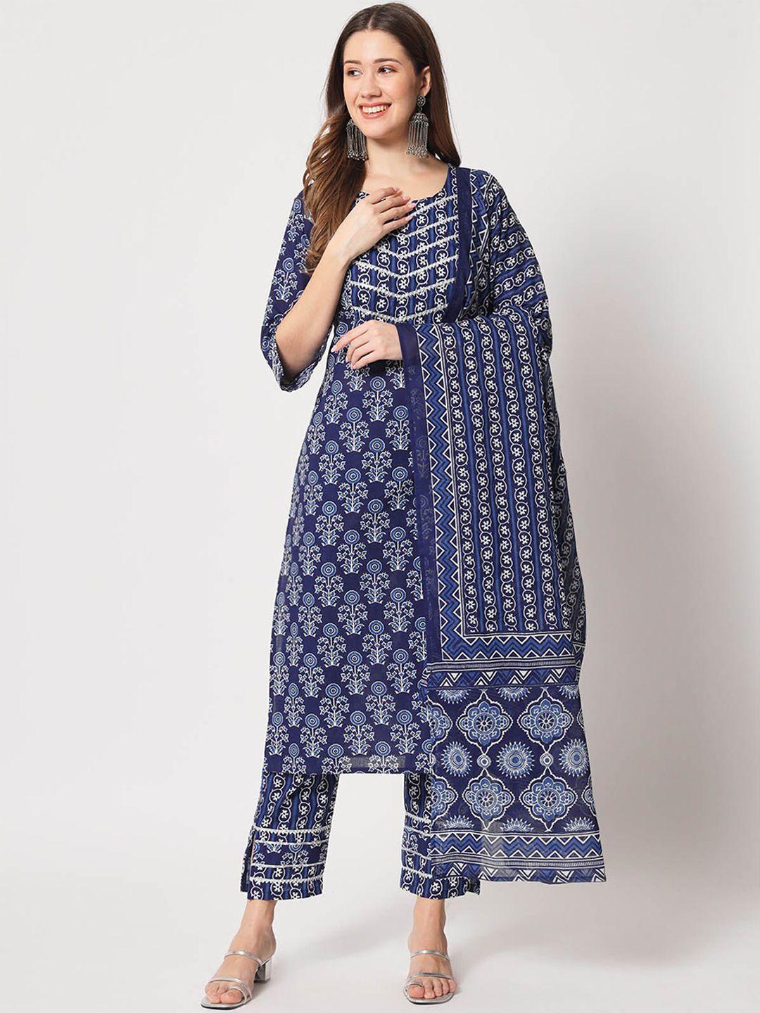 odette women blue floral printed regular kurta with trousers & with dupatta