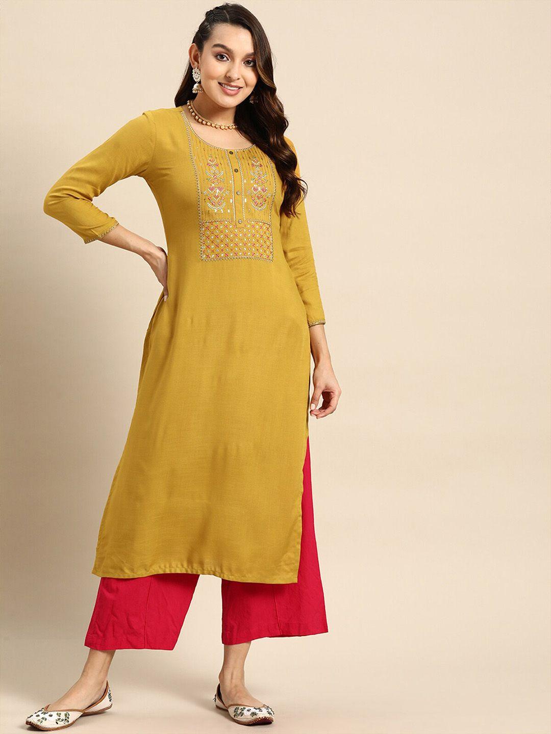 odette women mustard yellow embroidered flared sleeves thread work kurta