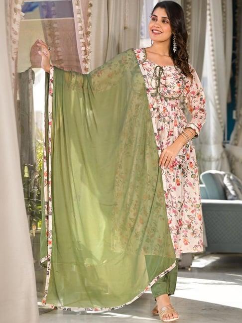 odette beige & green floral print kurta pant set with dupatta