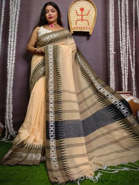 odette beige woven saree with unstitched blouse