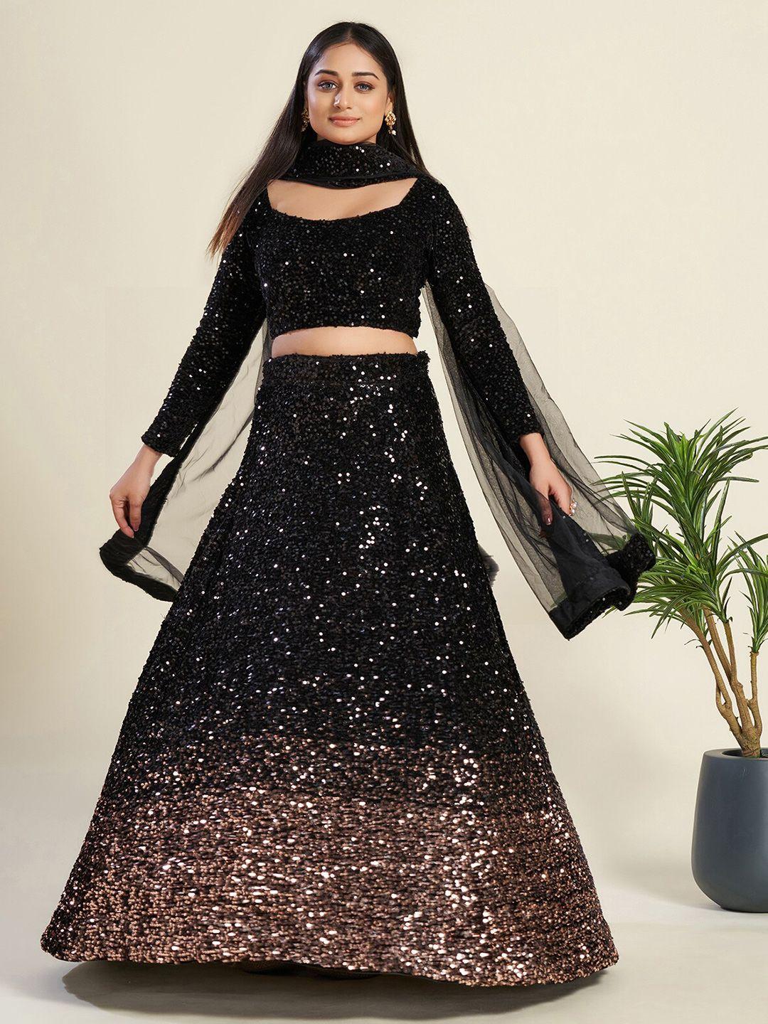 odette black & gold-toned embellished sequinned semi-stitched lehenga & unstitched blouse with dupatta