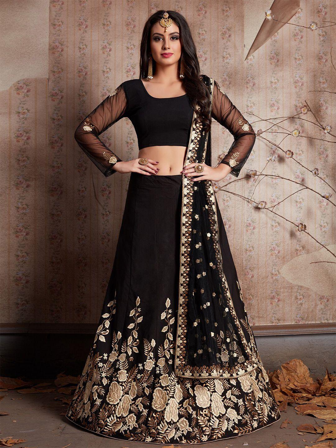 odette black & gold-toned embroidered semi-stitched lehenga & unstitched blouse with dupatta