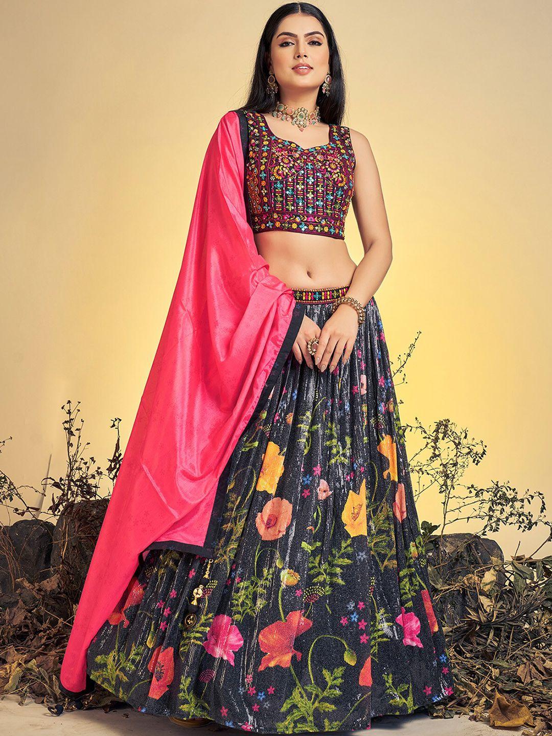 odette black & pink embroidered ready to wear lehenga & blouse with dupatta