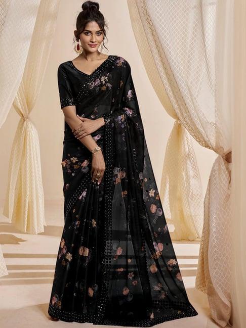 odette black net embellished saree with unstitched blouse for women