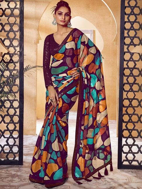 odette black net embellished saree with unstitched blouse for women