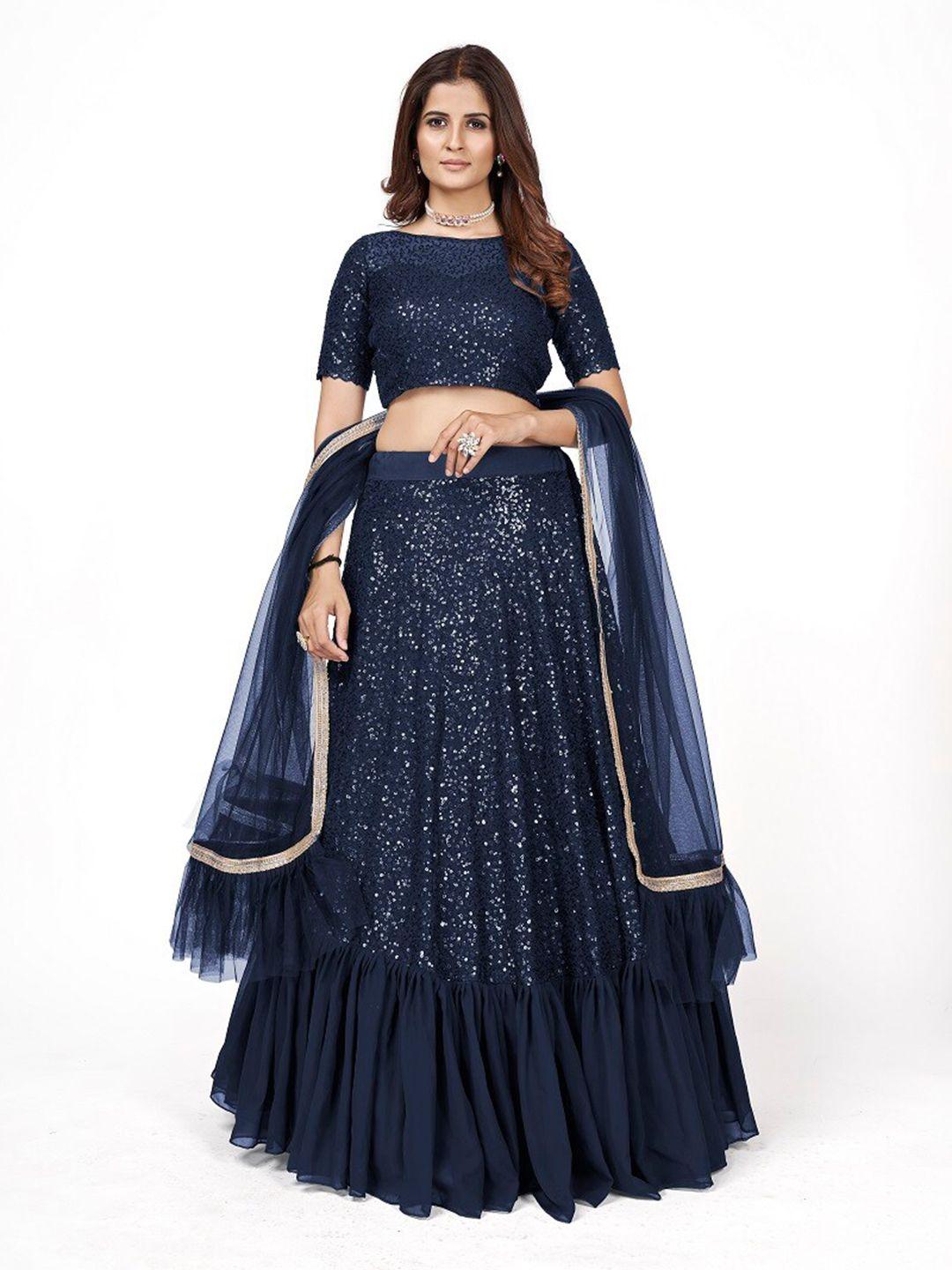 odette blue & gold-toned embellished semi-stitched lehenga & unstitched blouse with dupatta