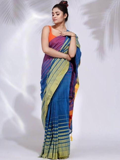 odette blue & purple striped saree with unstitched blouse