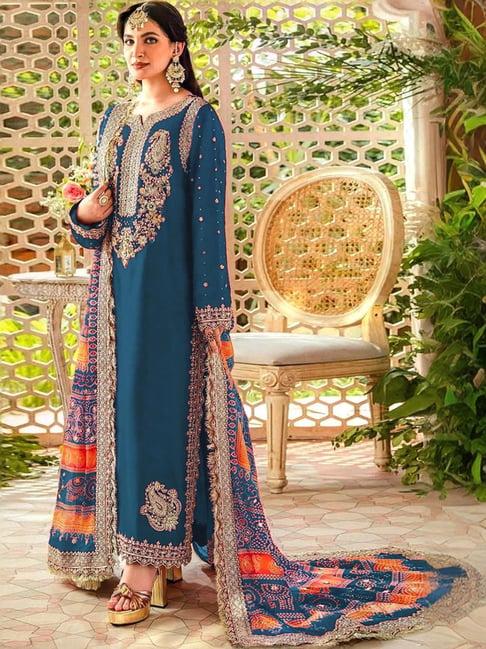 odette blue embroidered unstitched dress material