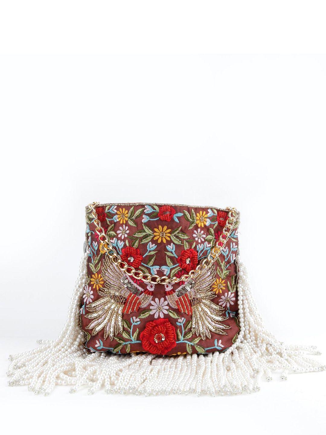 odette brown & green embellished potli clutch