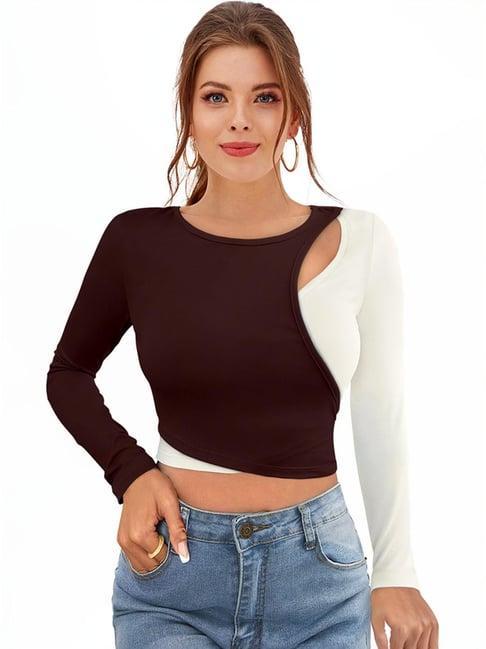 odette brown & white color-block crop top