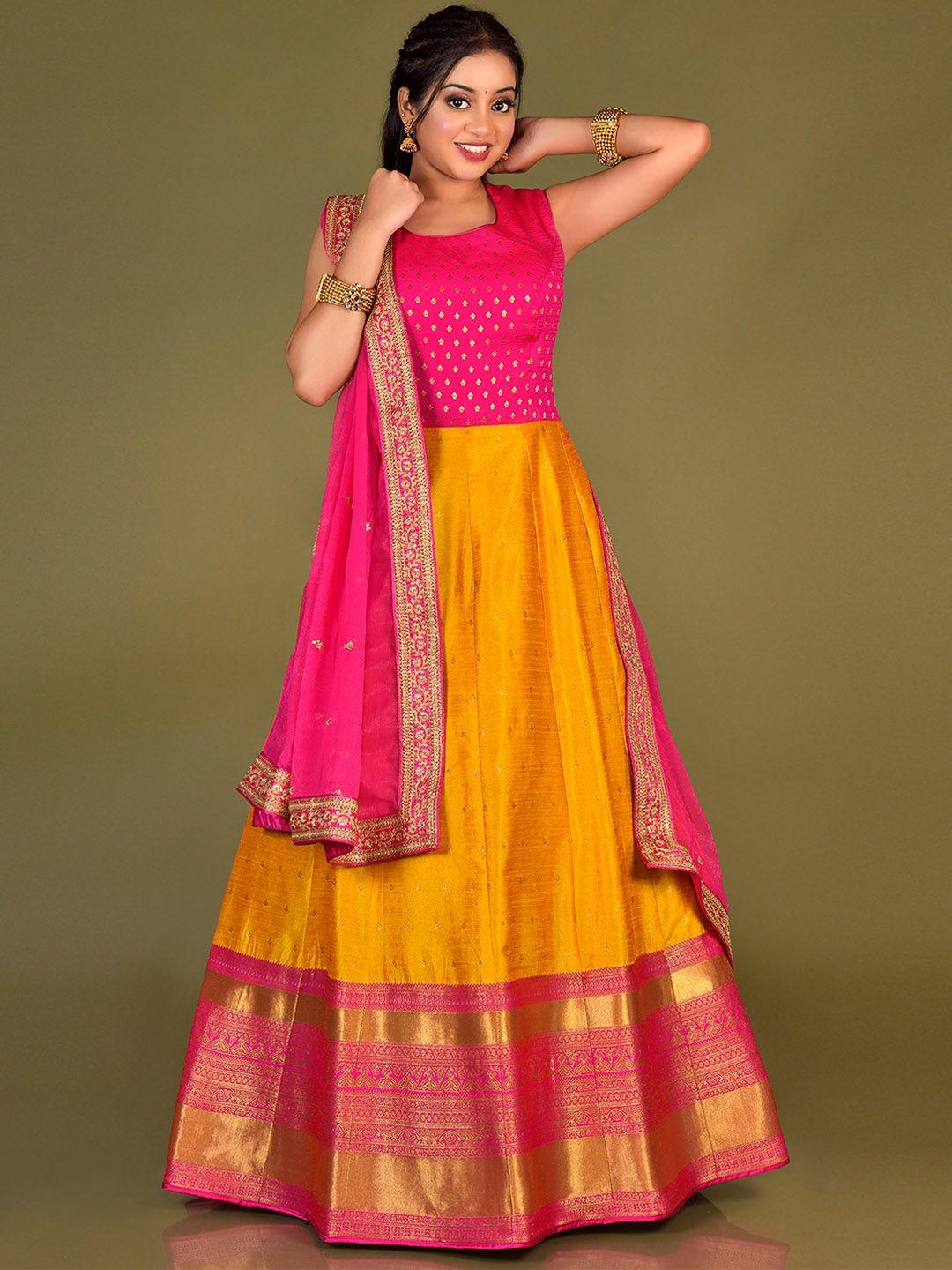 odette colourblocked fit & flare banarasi silk ethnic dress with dupatta