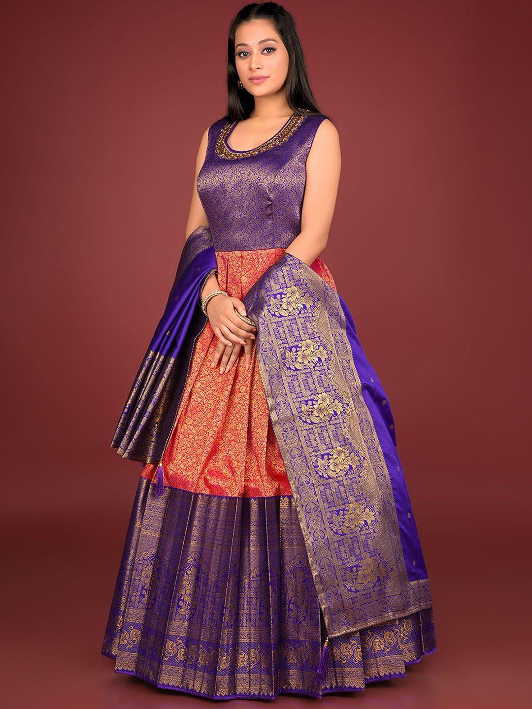 odette colourblocked sleeveless banarasi silk ethnic dress with dupatta